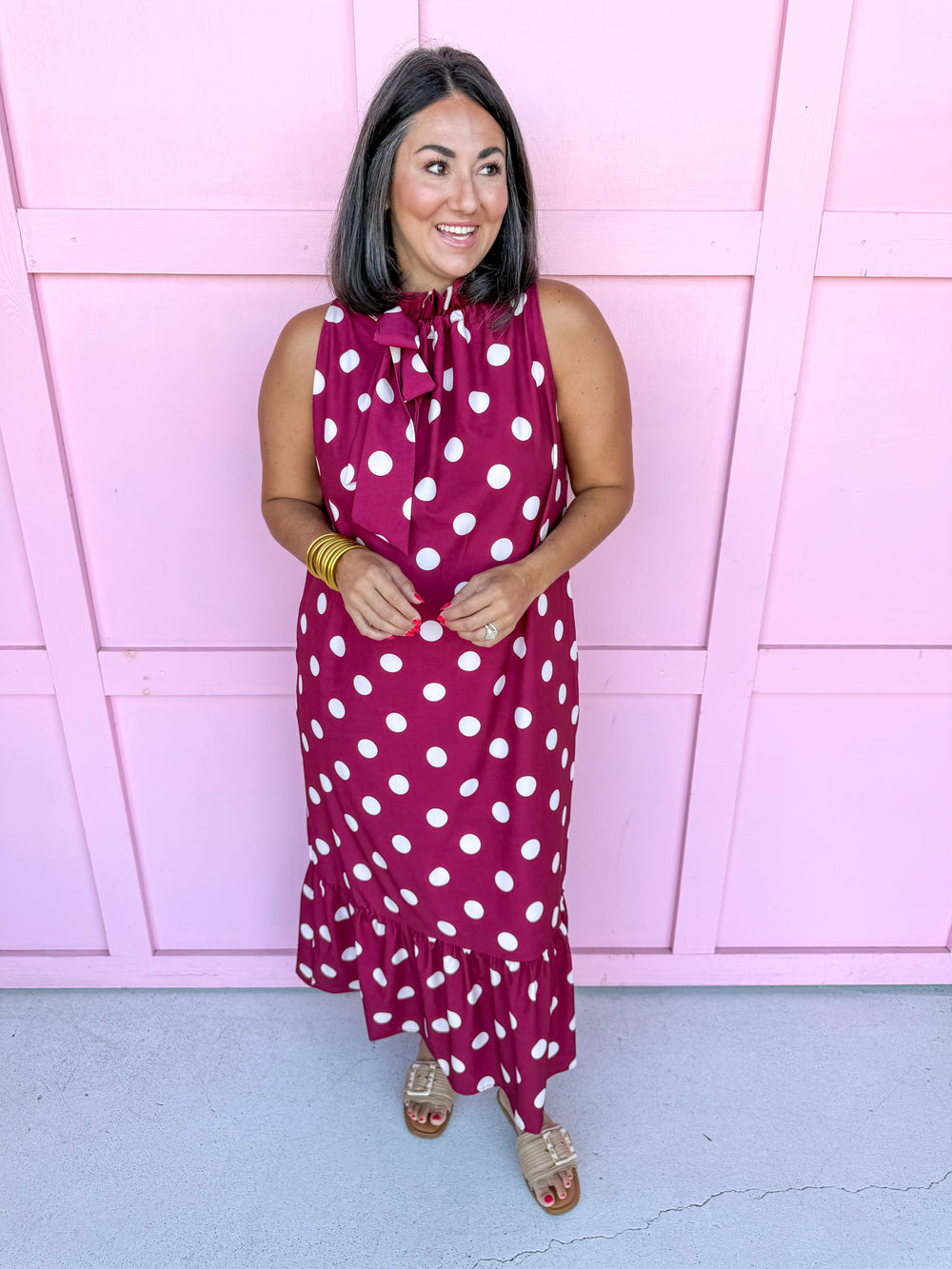 Jincy's Womens Boutique Polka Dot Midi Maxi Dress Ruffle & Tie Neckline Caroline Christian