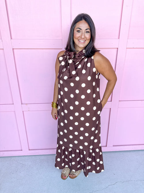 Jincy's Womens Boutique Polka Dot Midi Maxi Dress Ruffle & Tie Neckline