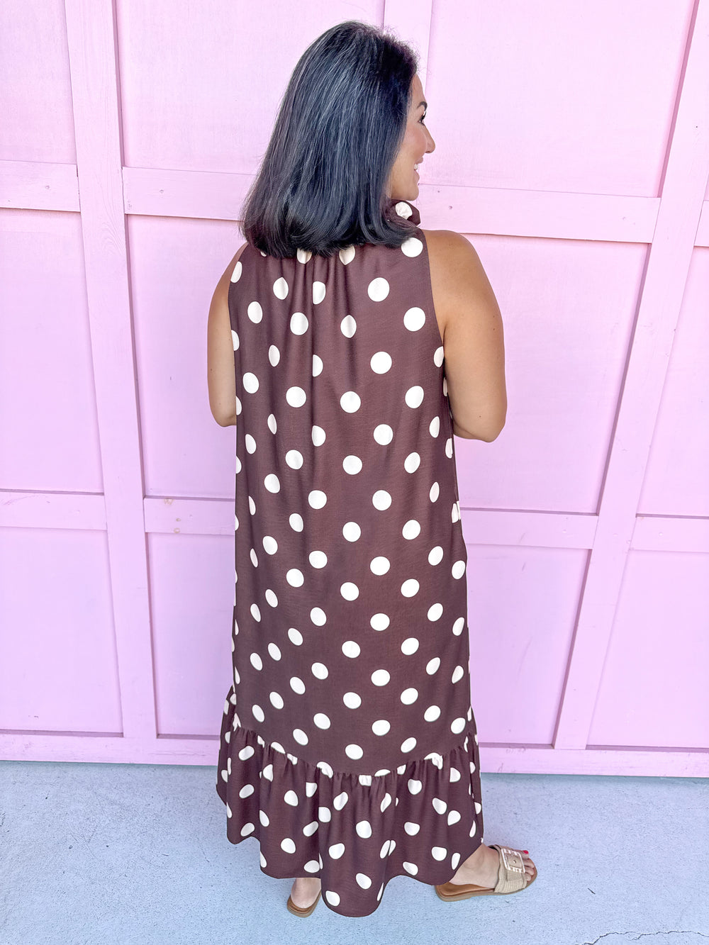 Jincy's Womens Boutique Polka Dot Midi Maxi Dress Ruffle & Tie Neckline