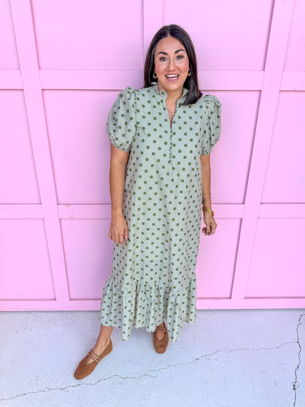 Jincy's Womens Boutique Polka Dot Olive Gingham Midi Maxi Dress Puff Sleeve Entro D32739