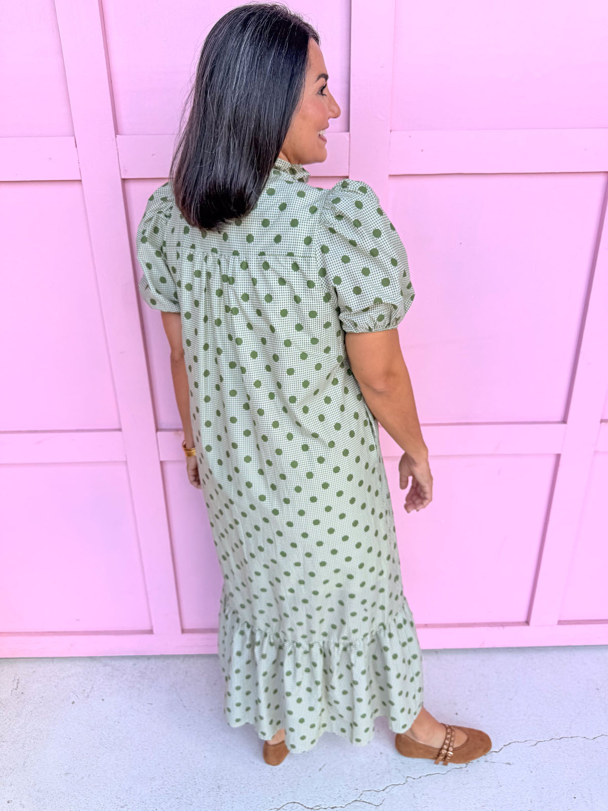Jincy's Womens Boutique Polka Dot Olive Gingham Midi Maxi Dress Puff Sleeve Entro D32739