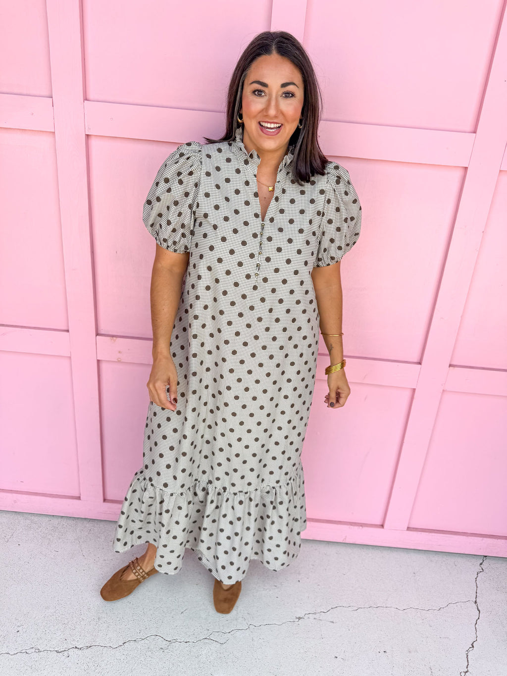 Jincy's Womens Boutique Polka Dot espresso Gingham Midi Maxi Dress Puff Sleeve Entro D32739