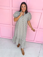 Jincy's Womens Boutique Polka Dot espresso Gingham Midi Maxi Dress Puff Sleeve Entro D32739