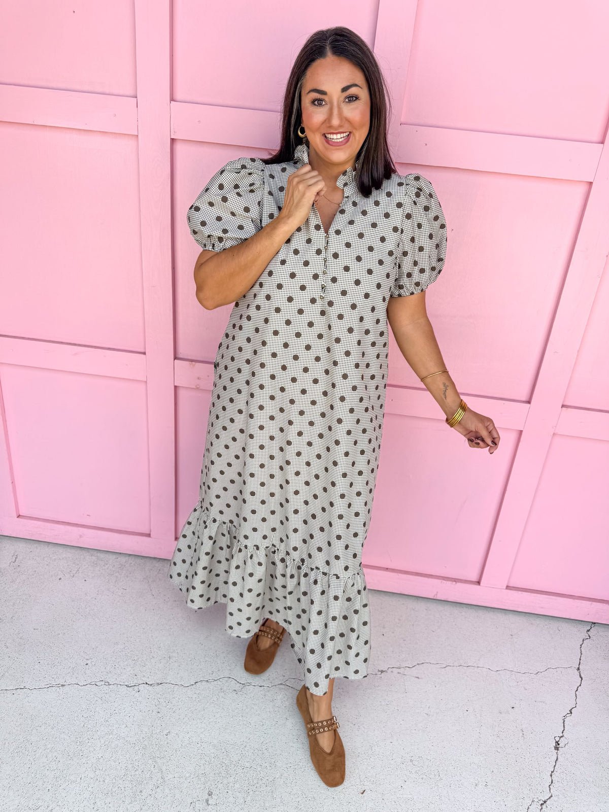 Jincy's Womens Boutique Polka Dot espresso Gingham Midi Maxi Dress Puff Sleeve Entro D32739