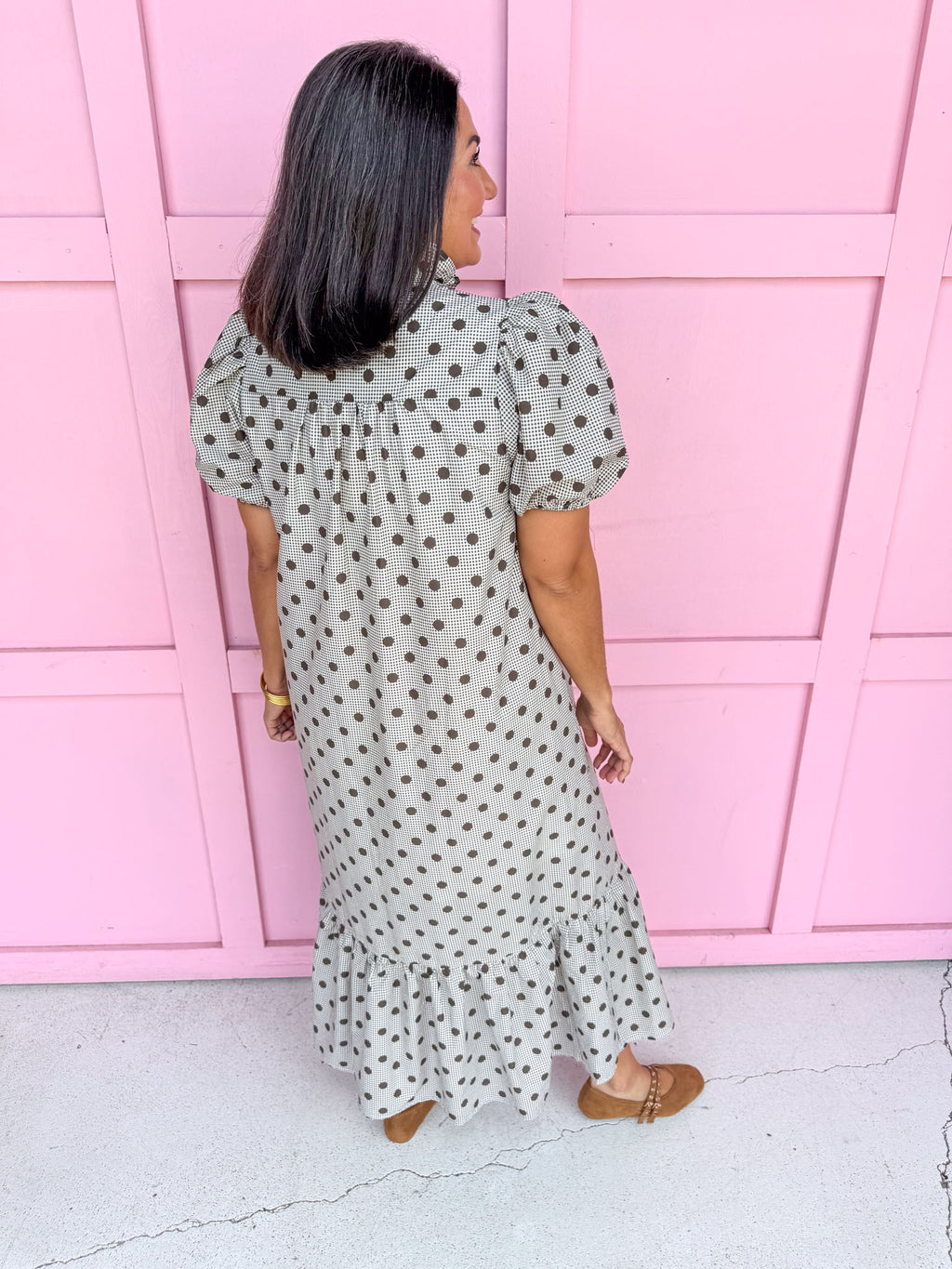 Jincy's Womens Boutique Polka Dot espresso Gingham Midi Maxi Dress Puff Sleeve Entro D32739