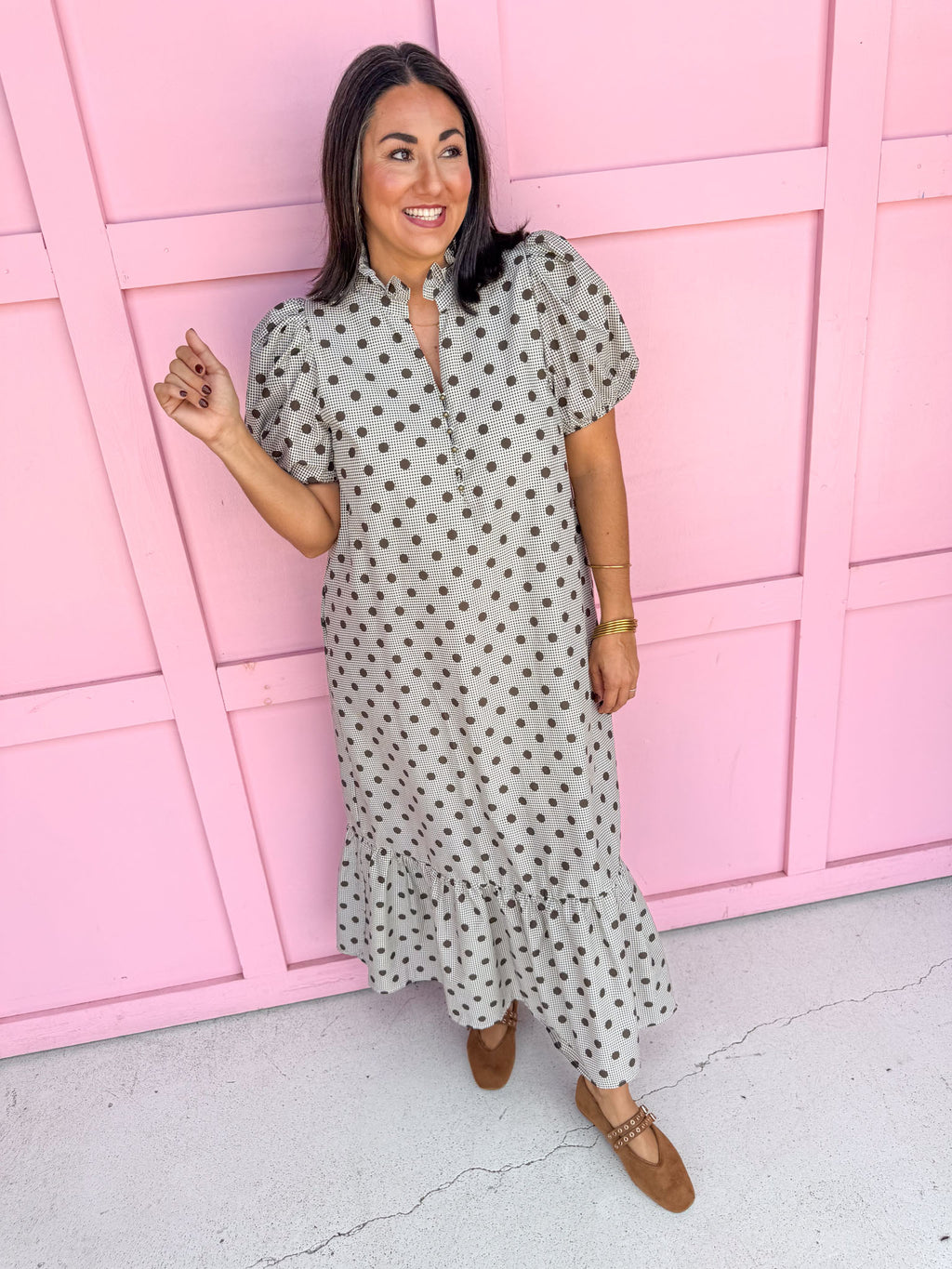 Jincy's Womens Boutique Polka Dot espresso Gingham Midi Maxi Dress Puff Sleeve Entro D32739
