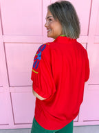 Jincy's Womens Boutique Red Multi Colored Embroidered Top Entro C6180
