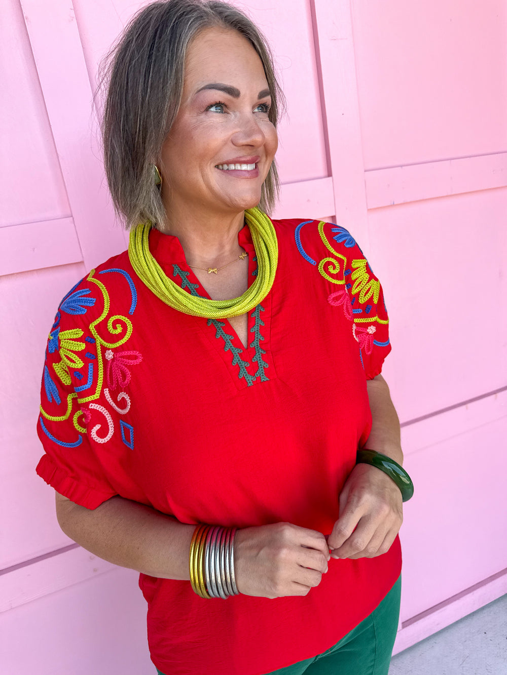 Jincy's Womens Boutique Red Multi Colored Embroidered Top Entro C6180