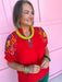 Jincy's Womens Boutique Red Multi Colored Embroidered Top Entro C6180