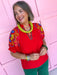 Jincy's Womens Boutique Red Multi Colored Embroidered Top Entro C6180