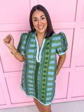 Jincy's Womens Boutique Stripe Meets Dot Mini Dress Green Olive Jade Entro D33200