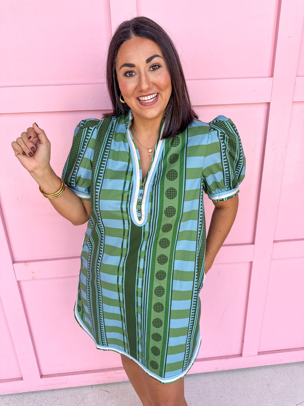 Jincy's Womens Boutique Stripe Meets Dot Mini Dress Green Olive Jade Entro D33200