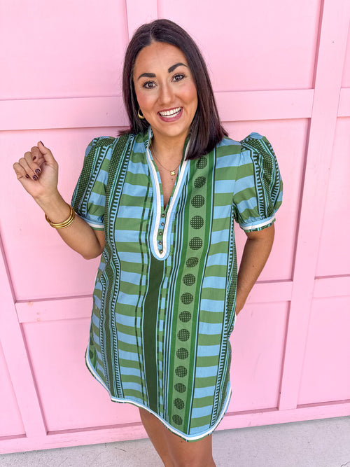 Jincy's Womens Boutique Stripe Meets Dot Mini Dress Green Olive Jade Entro D33200