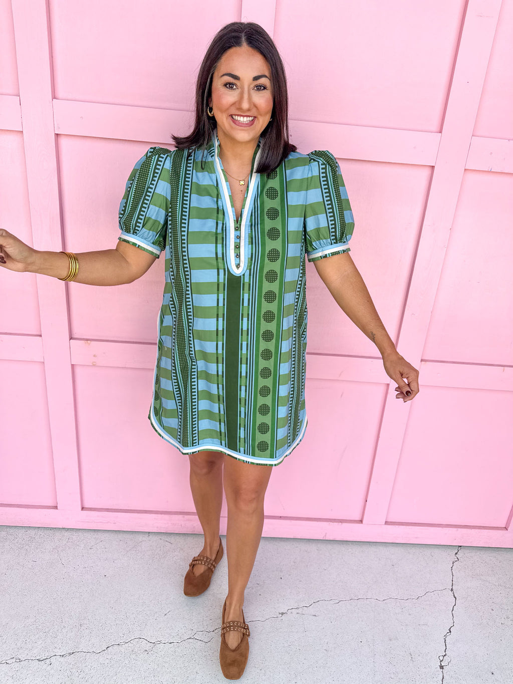 Jincy's Womens Boutique Stripe Meets Dot Mini Dress Green Olive Jade Entro D33200