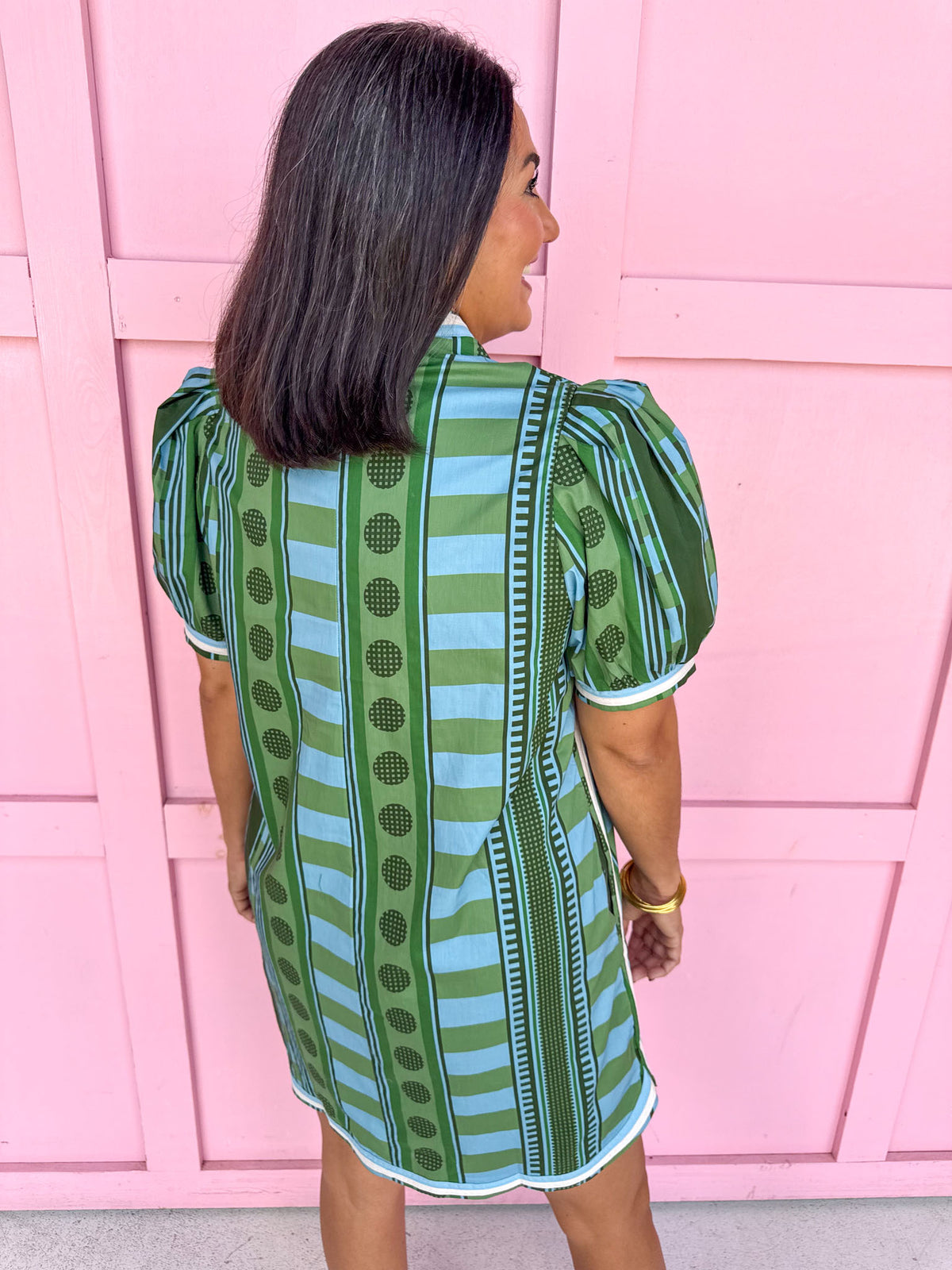 Jincy's Womens Boutique Stripe Meets Dot Mini Dress Green Olive Jade Entro D33200