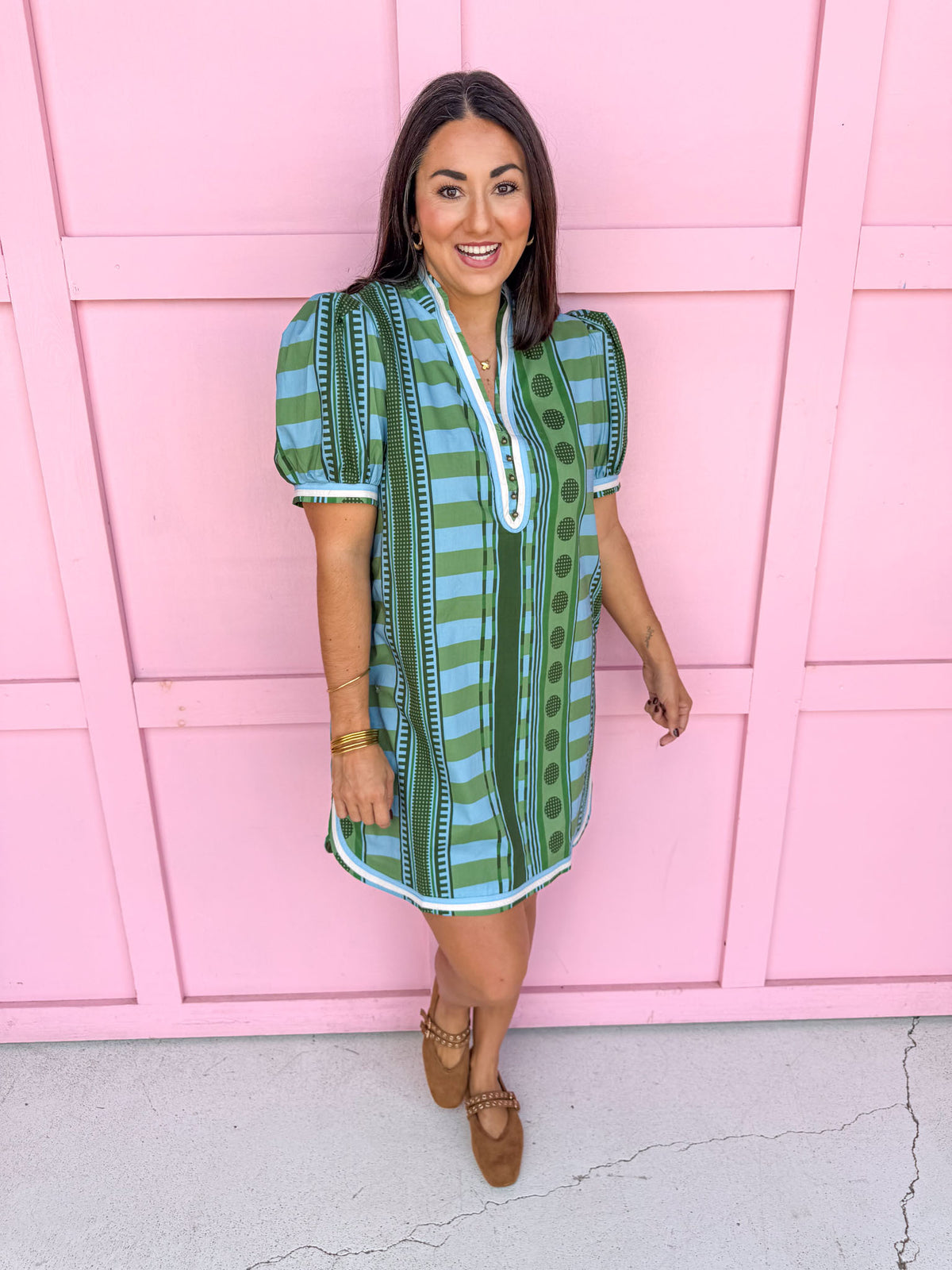 Jincy's Womens Boutique Stripe Meets Dot Mini Dress Green Olive Jade Entro D33200