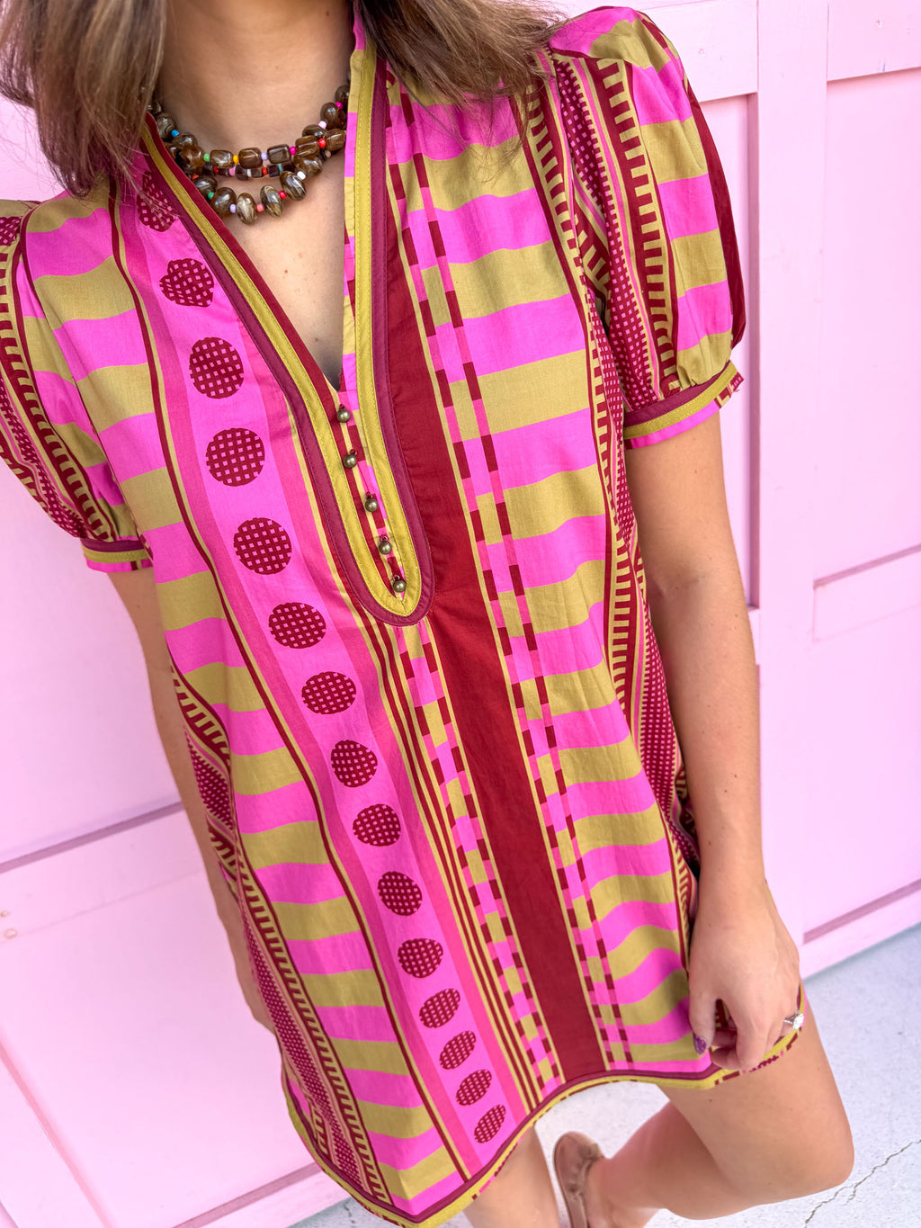 Jincy's Womens Boutique Stripe Meets Dot Mini Dress Pink Tan Plum Entro D33200