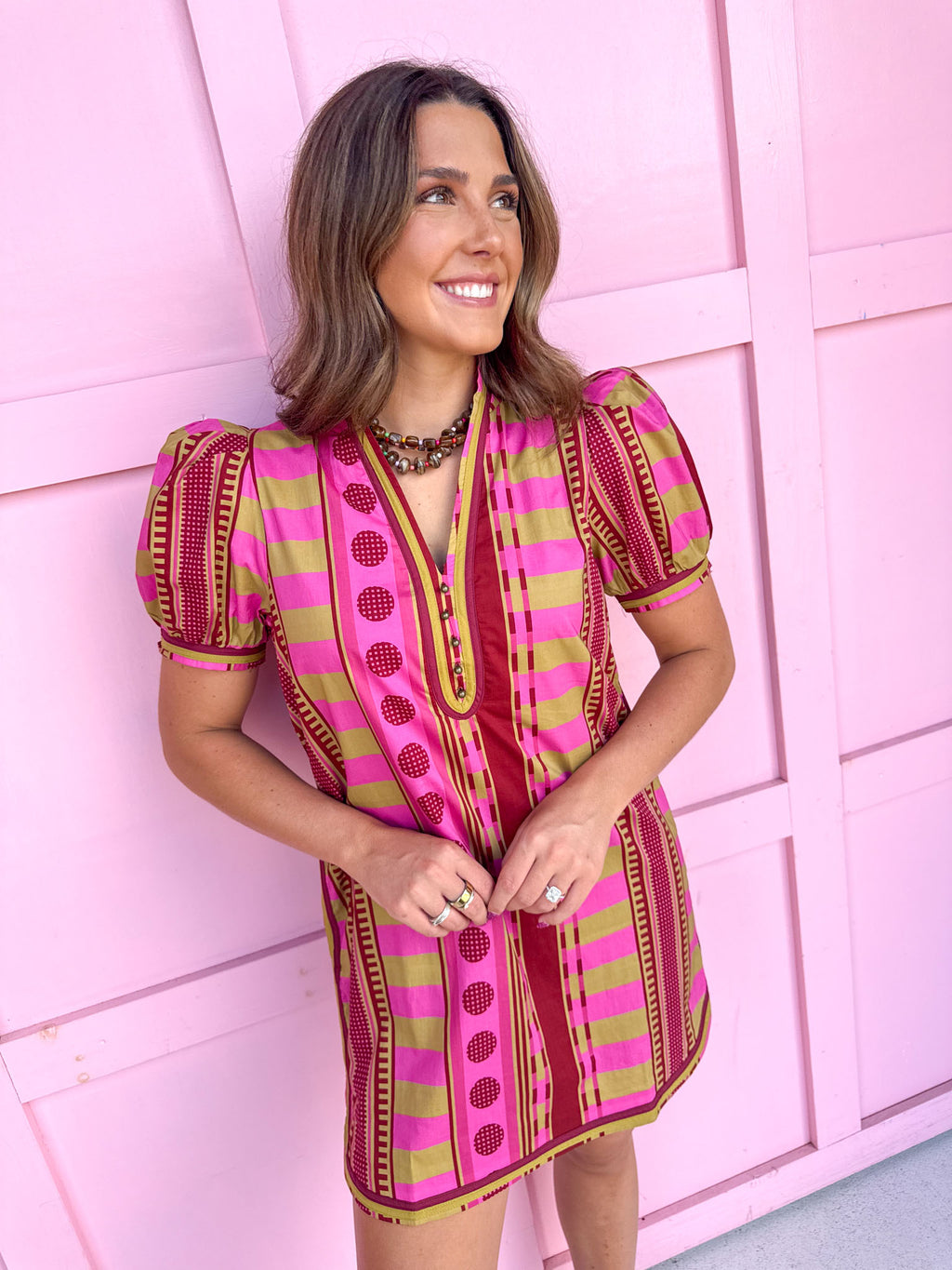 Jincy's Womens Boutique Stripe Meets Dot Mini Dress Pink Tan Plum Entro D33200