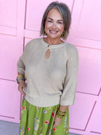 Jincy's Womens Boutique Taupe Keyhole Knit Top Carole Christian Everyday Wear Chic Chartreuse Collection