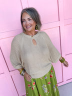 Jincy's Womens Boutique Taupe Keyhole Knit Top Carole Christian Everyday Wear Chic Chartreuse Collection