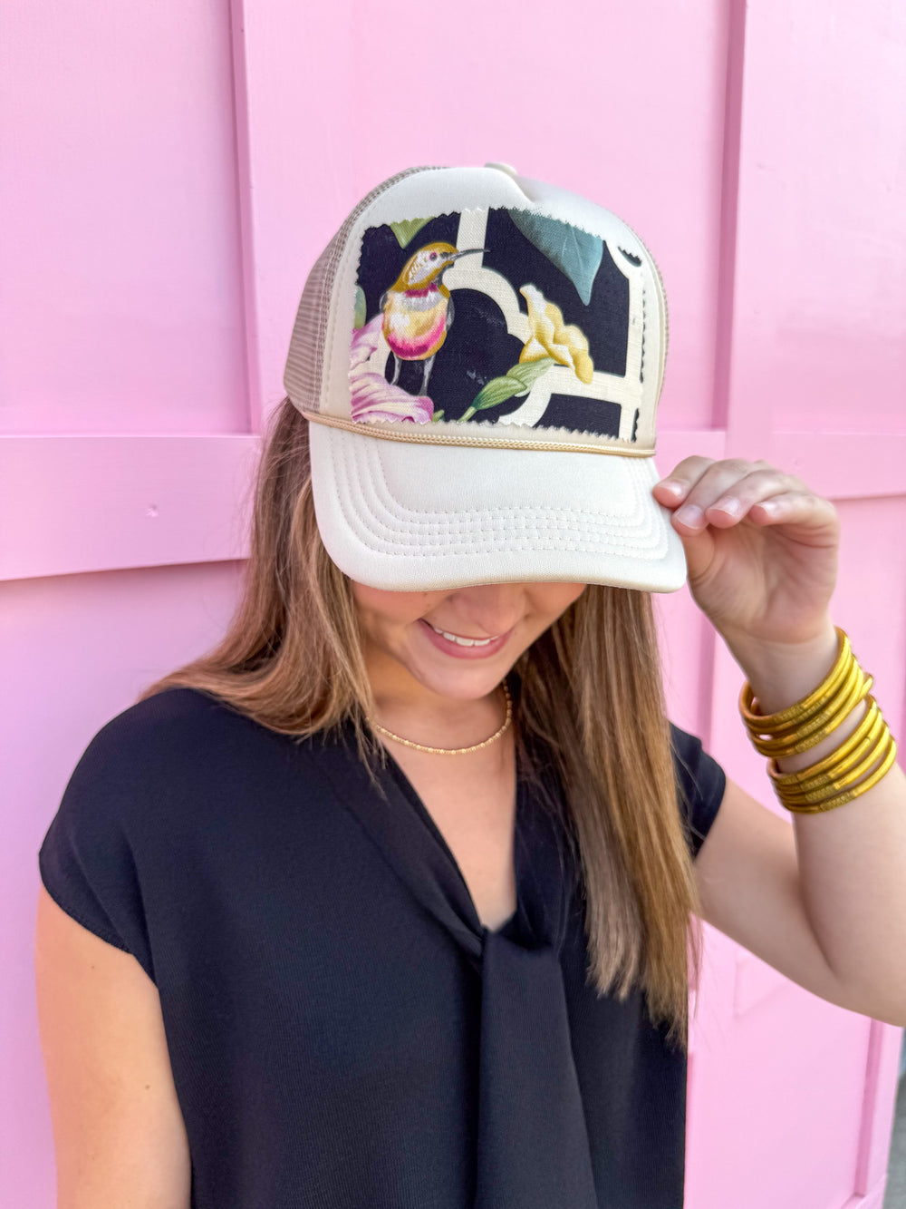 Jincy's Womens Boutique Tucker's Truckers Garden Trellis Floral & Botanical Bird Foam Trucker Hat Everyday Wear Chic Chartreuse Collection