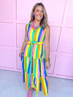 Jincy's Women's Boutique Clothing Back To School Sleeveless Collared Bright Multi Color Block Stripe Midi Maxi Dress Light Weight Teacher Attire