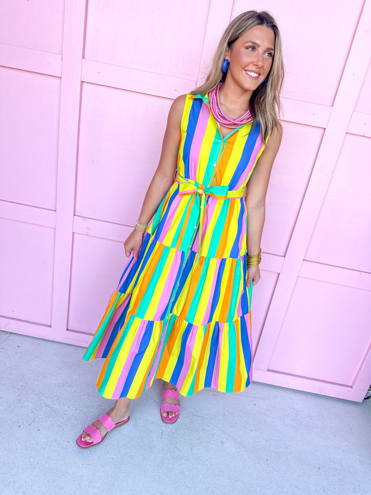 Jincy's Women's Boutique Clothing Back To School Sleeveless Collared Bright Multi Color Block Stripe Midi Maxi Dress Light Weight Teacher Attire
