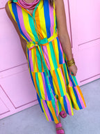 Jincy's Women's Boutique Clothing Back To School Sleeveless Collared Bright Multi Color Block Stripe Midi Maxi Dress Light Weight Teacher Attire
