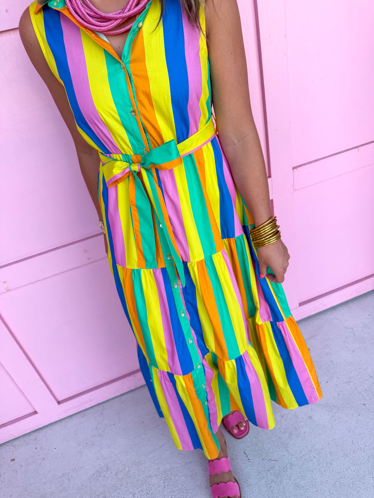 Jincy's Women's Boutique Clothing Back To School Sleeveless Collared Bright Multi Color Block Stripe Midi Maxi Dress Light Weight Teacher Attire