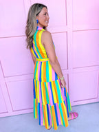 Jincy's Women's Boutique Clothing Back To School Sleeveless Collared Bright Multi Color Block Stripe Midi Maxi Dress Light Weight Teacher Attire