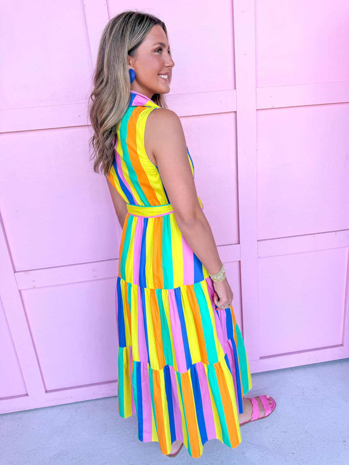Jincy's Women's Boutique Clothing Back To School Sleeveless Collared Bright Multi Color Block Stripe Midi Maxi Dress Light Weight Teacher Attire