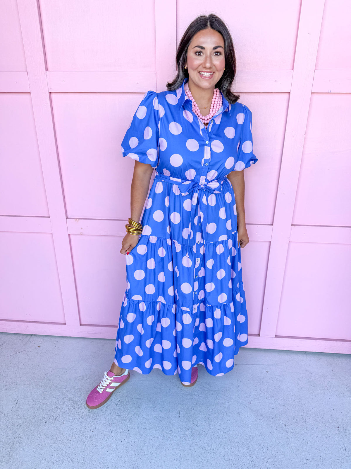 Jincy's Women's Boutique Clothing Back To School Bright Puff Sleeve Blue and Pink Polka Dot Midi Maxi Dress Light Weight Teacher Attire