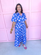Jincy's Women's Boutique Clothing Back To School Bright Puff Sleeve Blue and Pink Polka Dot Midi Maxi Dress Light Weight Teacher Attire