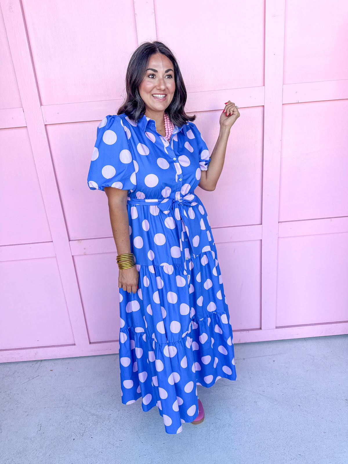 Jincy's Women's Boutique Clothing Back To School Bright Puff Sleeve Blue and Pink Polka Dot Midi Maxi Dress Light Weight Teacher Attire