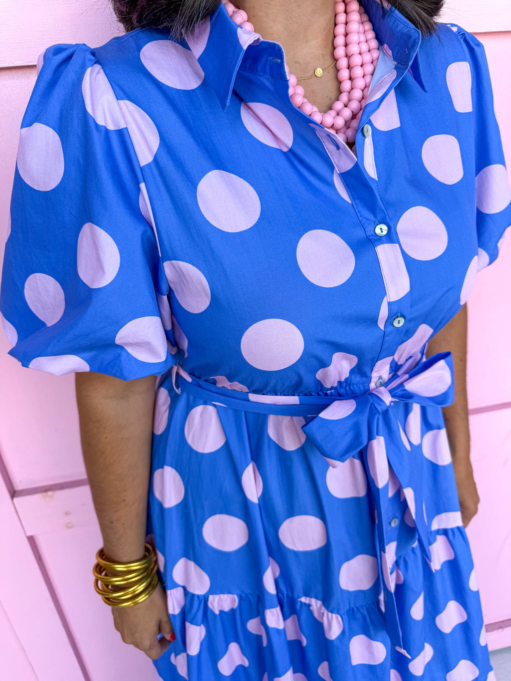 Jincy's Women's Boutique Clothing Back To School Bright Puff Sleeve Blue and Pink Polka Dot Midi Maxi Dress Light Weight Teacher Attire