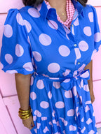 Jincy's Women's Boutique Clothing Back To School Bright Puff Sleeve Blue and Pink Polka Dot Midi Maxi Dress Light Weight Teacher Attire