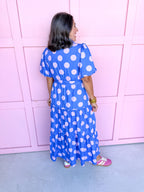 Jincy's Women's Boutique Clothing Back To School Bright Puff Sleeve Blue and Pink Polka Dot Midi Maxi Dress Light Weight Teacher Attire
