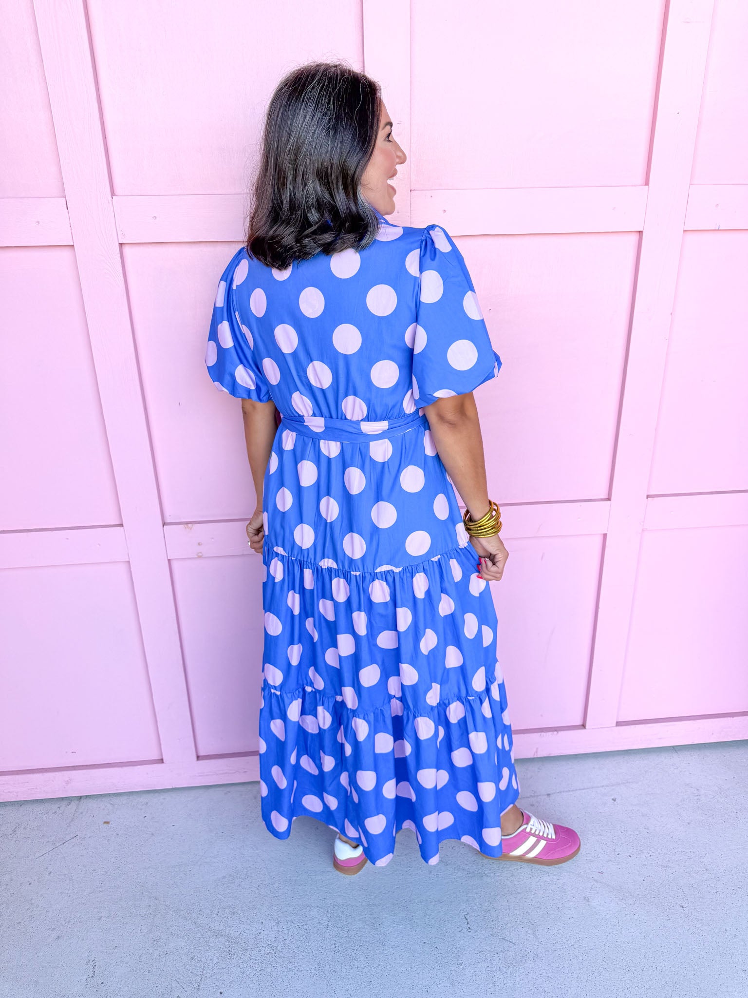 Jincy's Women's Boutique Clothing Back To School Bright Puff Sleeve Blue and Pink Polka Dot Midi Maxi Dress Light Weight Teacher Attire