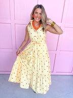Jincy's Women's Boutique Clothing Back To School Sleeveless Collared Orange and Yellow Polka Dot  Midi Maxi Dress Light Weight Teacher Attire