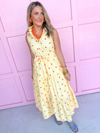 Jincy's Women's Boutique Clothing Back To School Sleeveless Collared Orange and Yellow Polka Dot  Midi Maxi Dress Light Weight Teacher Attire