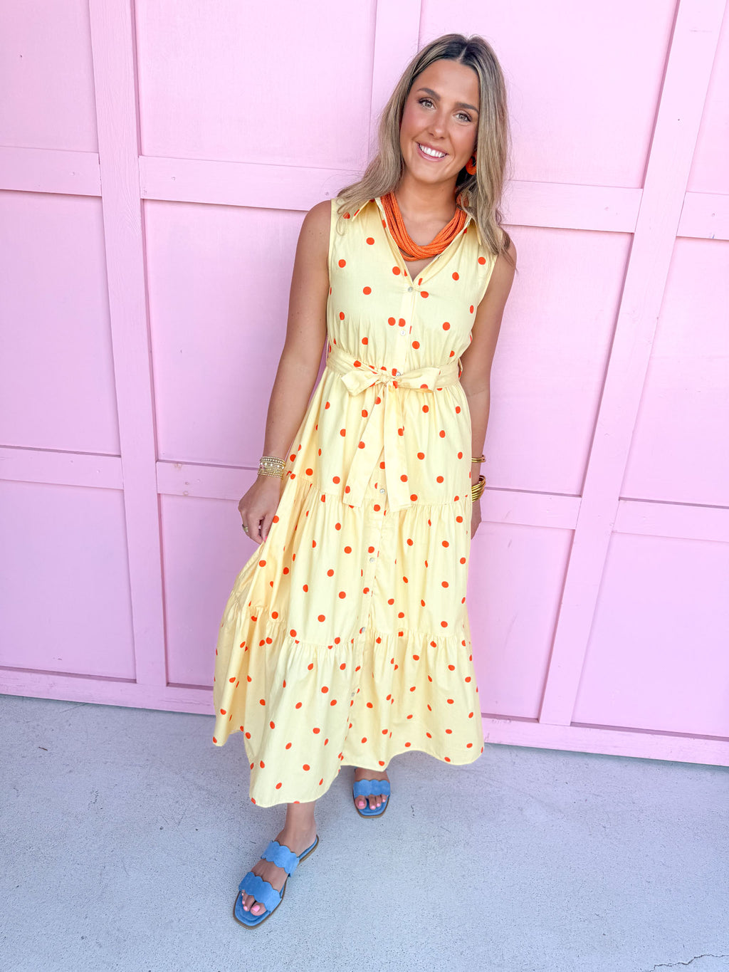 Jincy's Women's Boutique Clothing Back To School Sleeveless Collared Orange and Yellow Polka Dot  Midi Maxi Dress Light Weight Teacher Attire