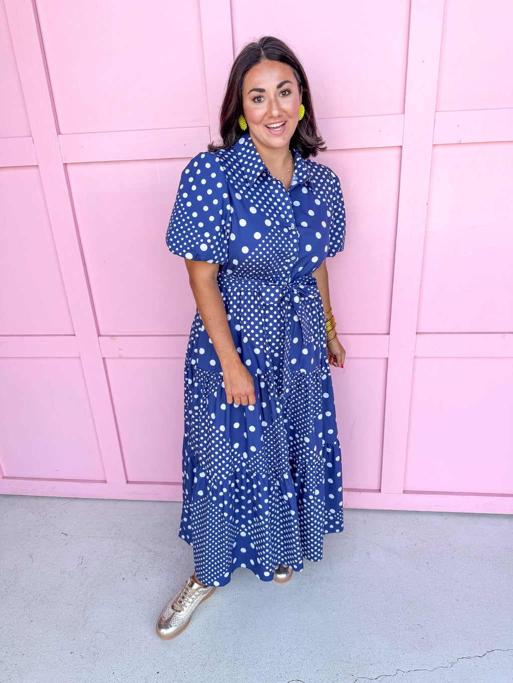 Jincy's Women's Boutique Clothing Back To School Bright Puff Sleeve Navy and White Multi Polka Dot Midi Maxi Dress Light Weight Teacher Attire 