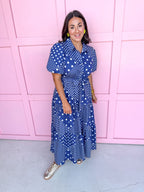 Jincy's Women's Boutique Clothing Back To School Bright Puff Sleeve Navy and White Multi Polka Dot Midi Maxi Dress Light Weight Teacher Attire 
