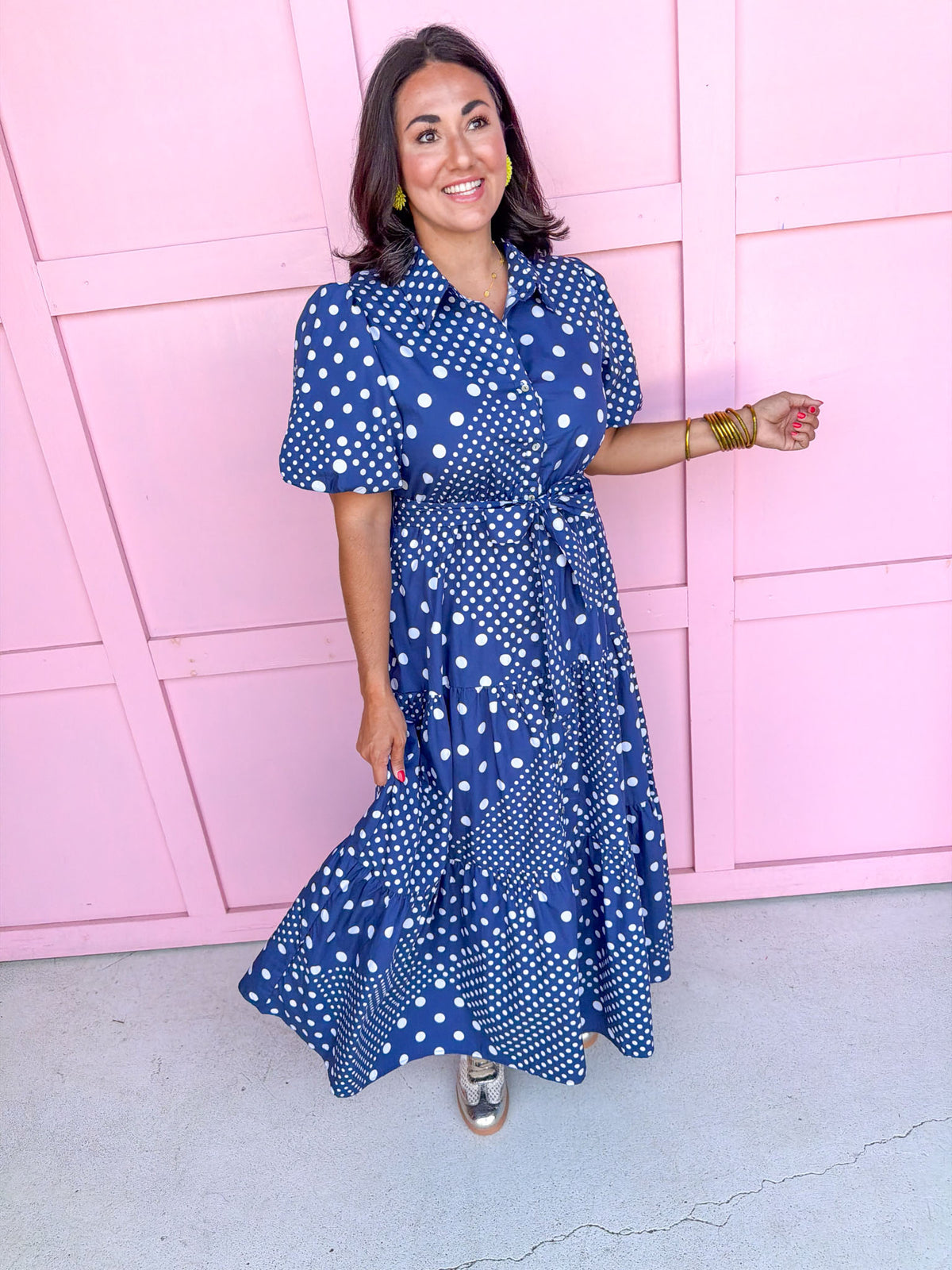 Jincy's Women's Boutique Clothing Back To School Bright Puff Sleeve Navy and White Multi Polka Dot Midi Maxi Dress Light Weight Teacher Attire 