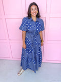 Jincy's Women's Boutique Clothing Back To School Bright Puff Sleeve Navy and White Multi Polka Dot Midi Maxi Dress Light Weight Teacher Attire 