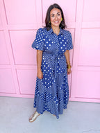 Jincy's Women's Boutique Clothing Back To School Bright Puff Sleeve Navy and White Multi Polka Dot Midi Maxi Dress Light Weight Teacher Attire 