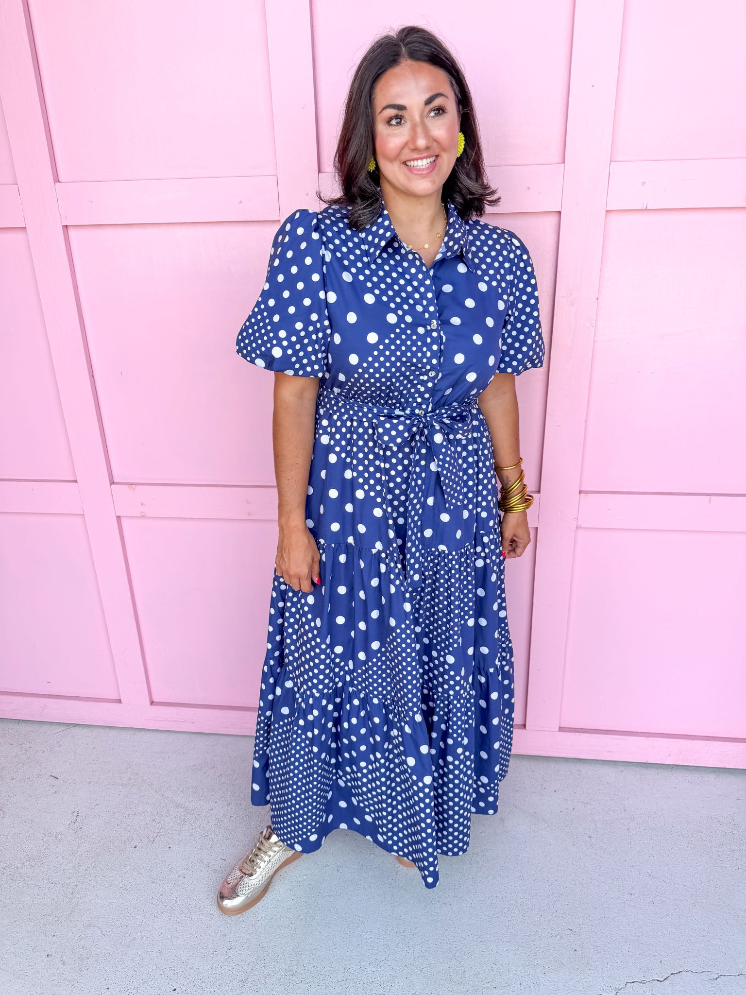 Jincy's Women's Boutique Clothing Back To School Bright Puff Sleeve Navy and White Multi Polka Dot Midi Maxi Dress Light Weight Teacher Attire 