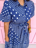 Jincy's Women's Boutique Clothing Back To School Bright Puff Sleeve Navy and White Multi Polka Dot Midi Maxi Dress Light Weight Teacher Attire 