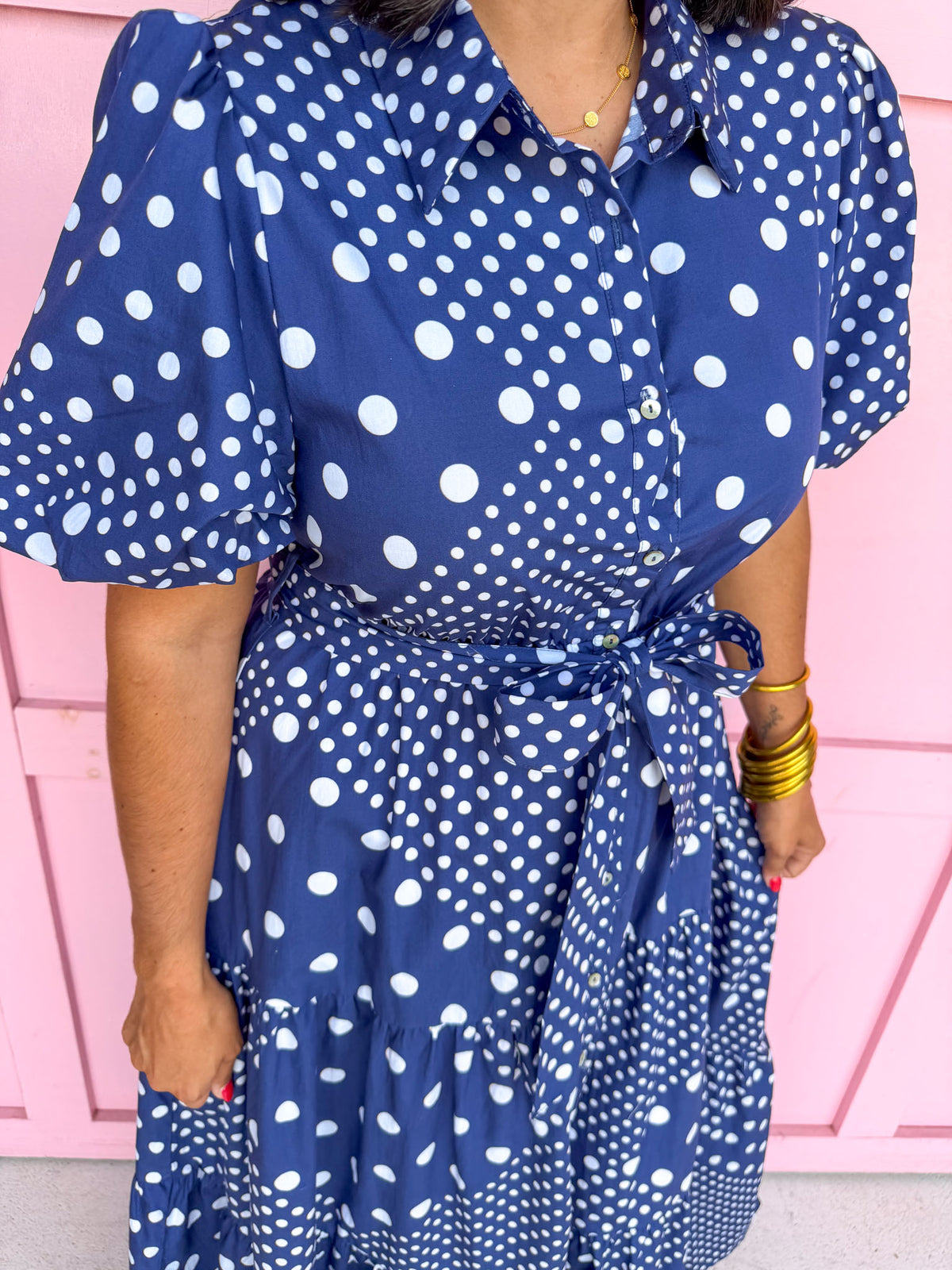 Jincy's Women's Boutique Clothing Back To School Bright Puff Sleeve Navy and White Multi Polka Dot Midi Maxi Dress Light Weight Teacher Attire 