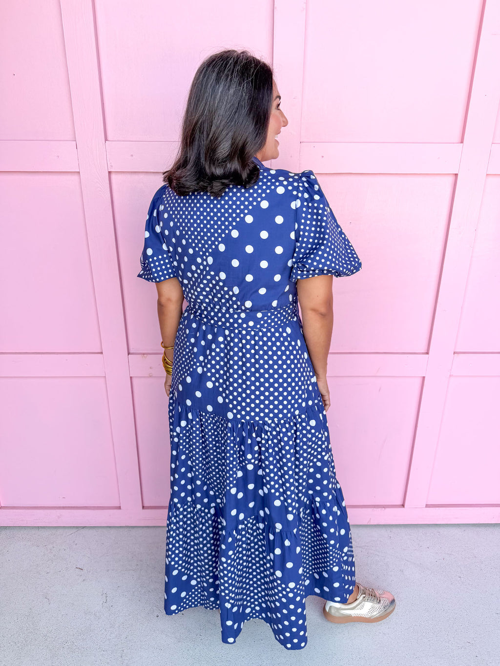 Jincy's Women's Boutique Clothing Back To School Bright Puff Sleeve Navy and White Multi Polka Dot Midi Maxi Dress Light Weight Teacher Attire 
